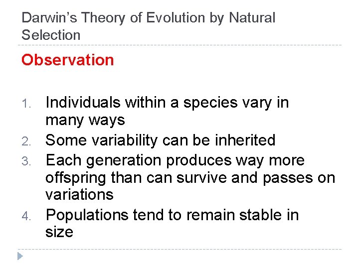 Darwin’s Theory of Evolution by Natural Selection Observation 1. 2. 3. 4. Individuals within