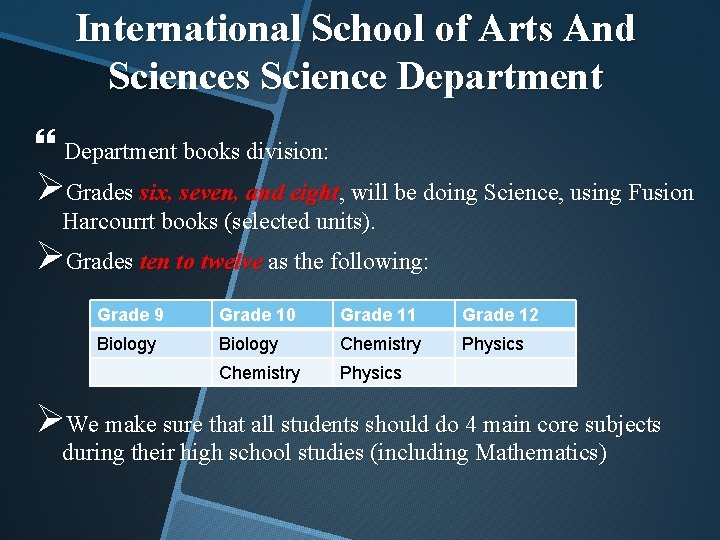 International School of Arts And Sciences Science Department books division: ØGrades six, seven, and