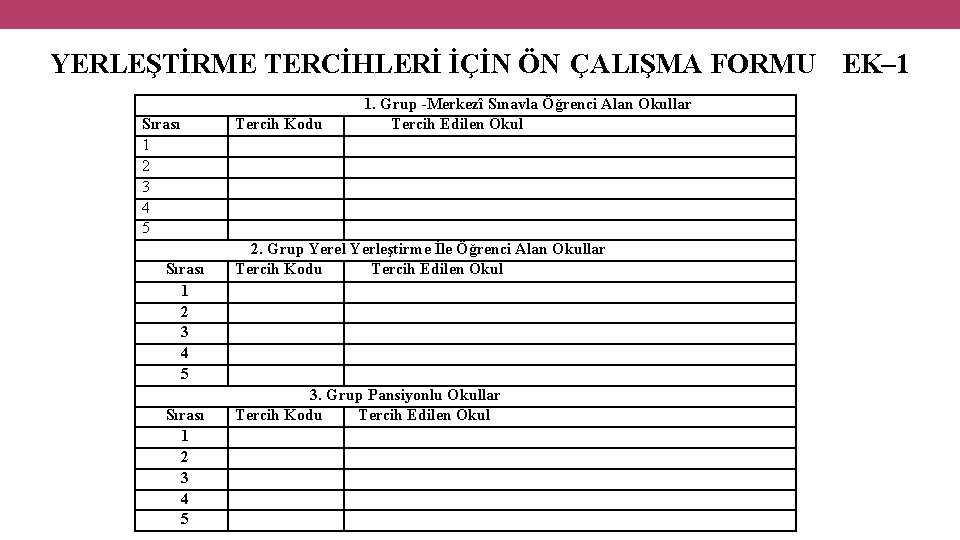 YERLEŞTİRME TERCİHLERİ İÇİN ÖN ÇALIŞMA FORMU EK– 1 Sırası 1 2 3 4 5