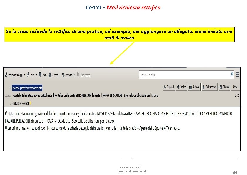 Cert’O – Mail richiesta rettifica Se la cciaa richiede la rettifica di una pratica,