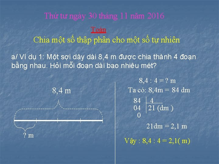 Thứ tư ngày 30 tháng 11 năm 2016 Toán Chia một số thập phân