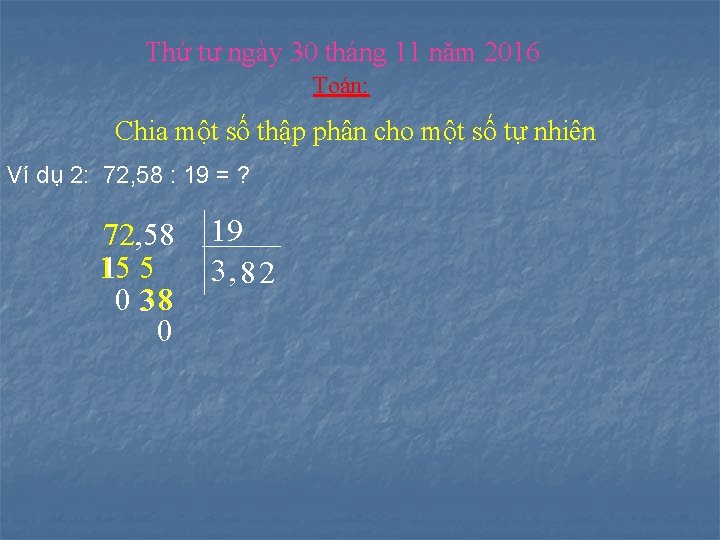 Thứ tư ngày 30 tháng 11 năm 2016 Toán: Chia một số thập phân