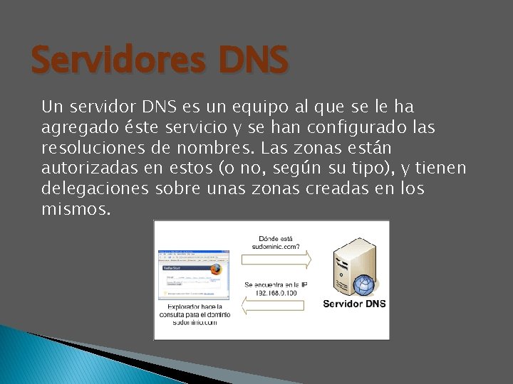 Servidores DNS Un servidor DNS es un equipo al que se le ha agregado
