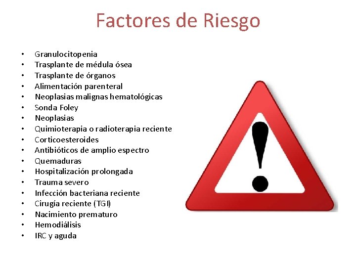 Factores de Riesgo • • • • • Granulocitopenia Trasplante de médula ósea Trasplante