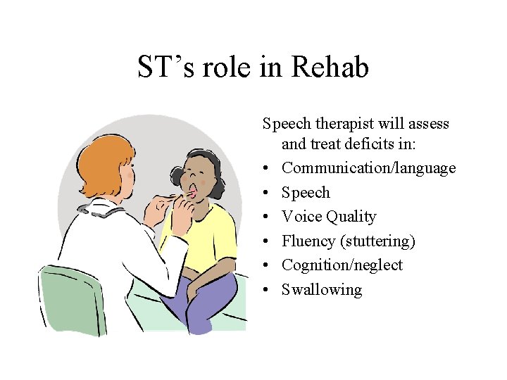 ST’s role in Rehab Speech therapist will assess and treat deficits in: • Communication/language