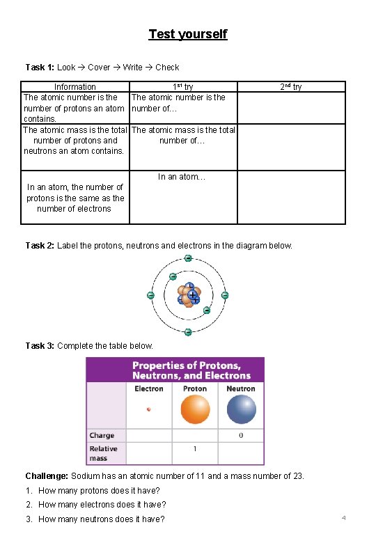 Test yourself Task 1: Look Cover Write Check Information 1 st try The atomic