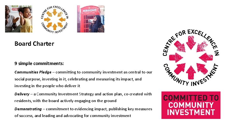 Board Charter 9 simple commitments: Communities Pledge – committing to community investment as central