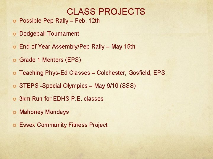 CLASS PROJECTS Possible Pep Rally – Feb. 12 th Dodgeball Tournament End of Year