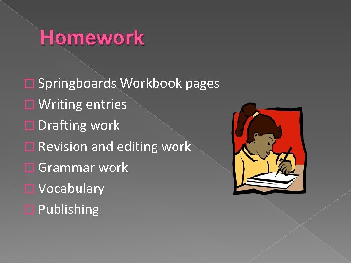 Homework � Springboards Workbook pages � Writing entries � Drafting work � Revision and