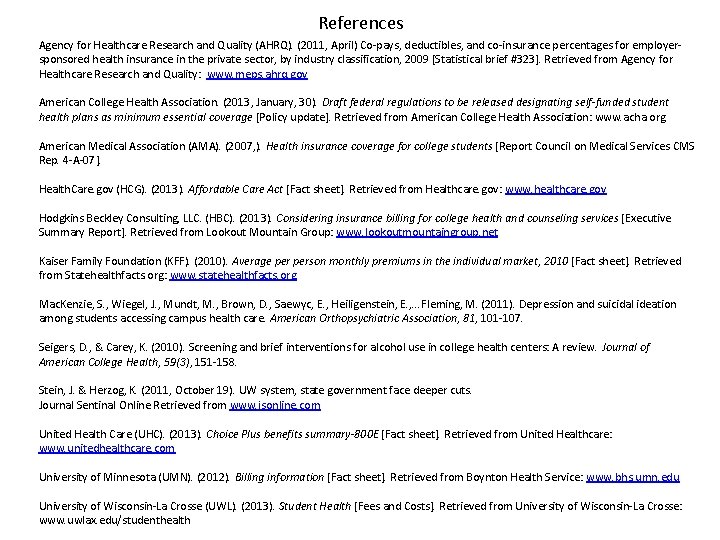 References Agency for Healthcare Research and Quality (AHRQ). (2011, April) Co-pays, deductibles, and co-insurance