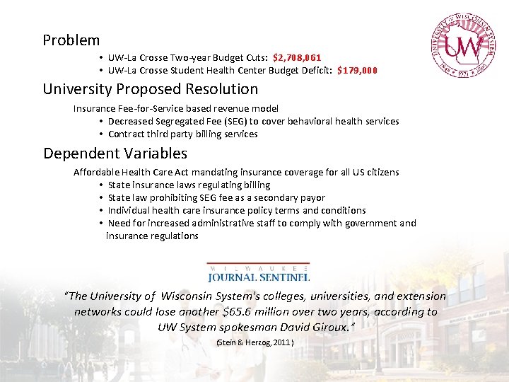 Problem • UW-La Crosse Two-year Budget Cuts: $2, 708, 061 • UW-La Crosse Student