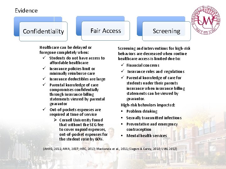 Evidence Confidentiality Fair Access Healthcare can be delayed or foregone completely when: ü Students
