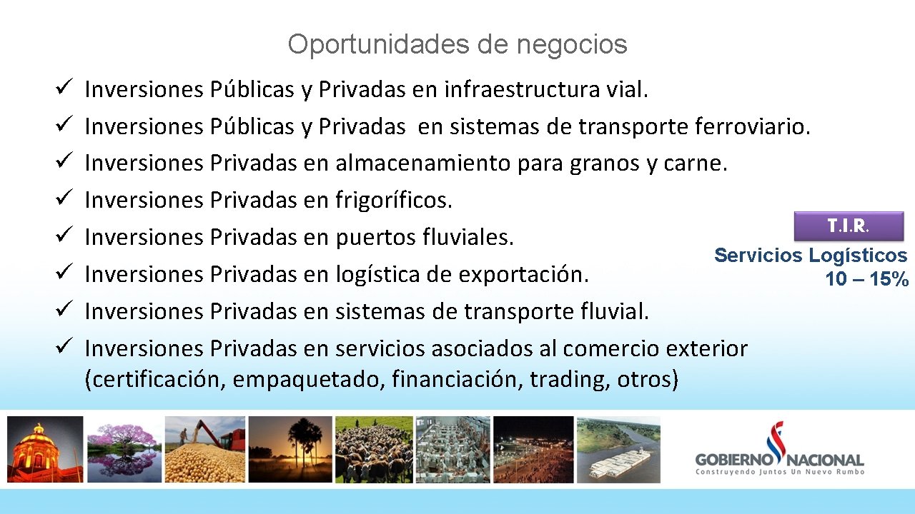 Oportunidades de negocios ü ü ü ü Inversiones Públicas y Privadas en infraestructura vial.