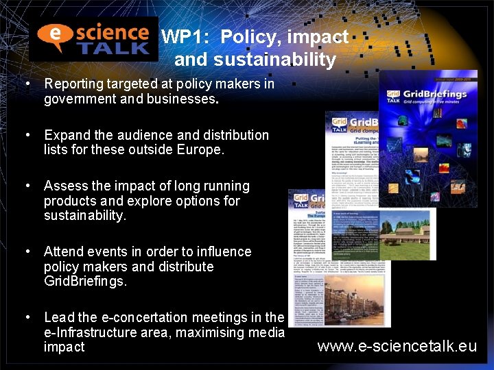 WP 1: Policy, impact and sustainability • Reporting targeted at policy makers in government