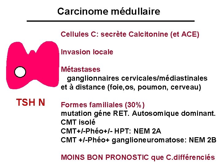 Carcinome médullaire Cellules C: secrète Calcitonine (et ACE) Invasion locale Métastases ganglionnaires cervicales/médiastinales et