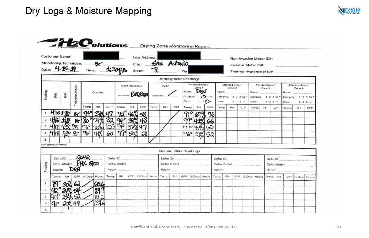 Dry Logs & Moisture Mapping Confidential & Proprietary. Nexxus Solutions Group, LLC. 23 