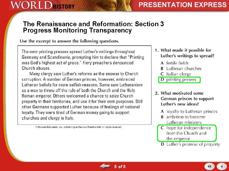 The Renaissance and Reformation: Section 3 Progress Monitoring Transparency 5 of 5 