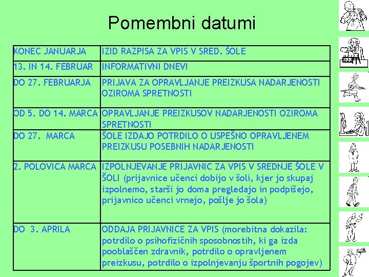 Pomembni datumi KONEC JANUARJA IZID RAZPISA ZA VPIS V SRED. ŠOLE 13. IN 14.