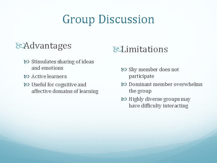 Group Discussion Advantages Limitations Stimulates sharing of ideas and emotions Active learners Useful for