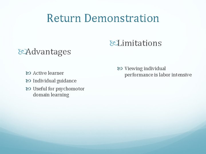 Return Demonstration Advantages Active learner Individual guidance Useful for psychomotor domain learning Limitations Viewing