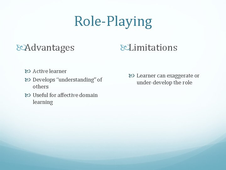 Role-Playing Advantages Active learner Develops “understanding” of others Useful for affective domain learning Limitations