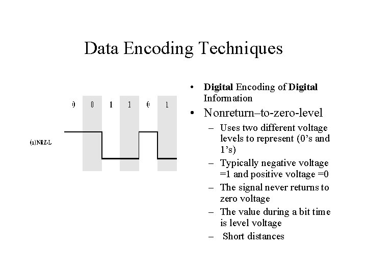 Data Encoding Techniques • Digital Encoding of Digital Information • Nonreturn–to-zero-level – Uses two