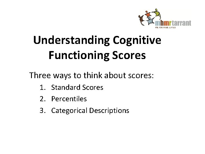 Understanding Cognitive Functioning Scores Three ways to think about scores: 1. Standard Scores 2.