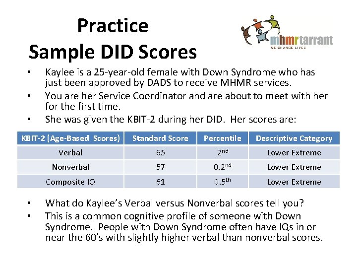 Practice Sample DID Scores • • • Kaylee is a 25 -year-old female with