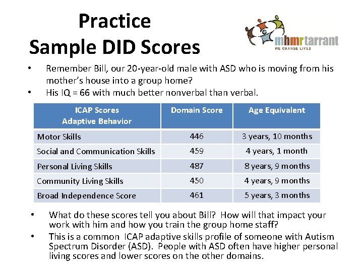 Practice Sample DID Scores • • Remember Bill, our 20 -year-old male with ASD