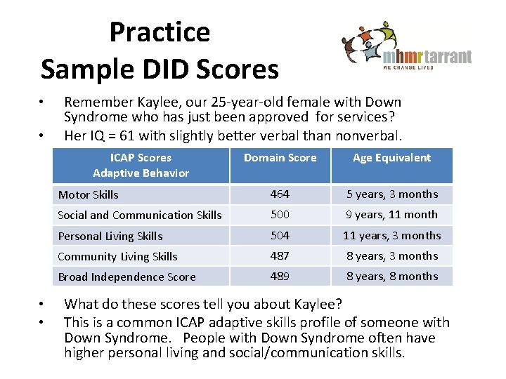Practice Sample DID Scores • • Remember Kaylee, our 25 -year-old female with Down
