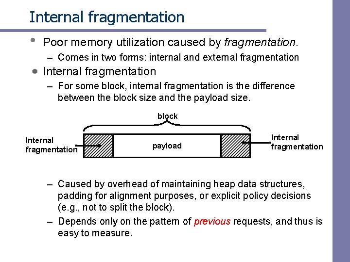 Internal fragmentation • Poor memory utilization caused by fragmentation. – Comes in two forms: