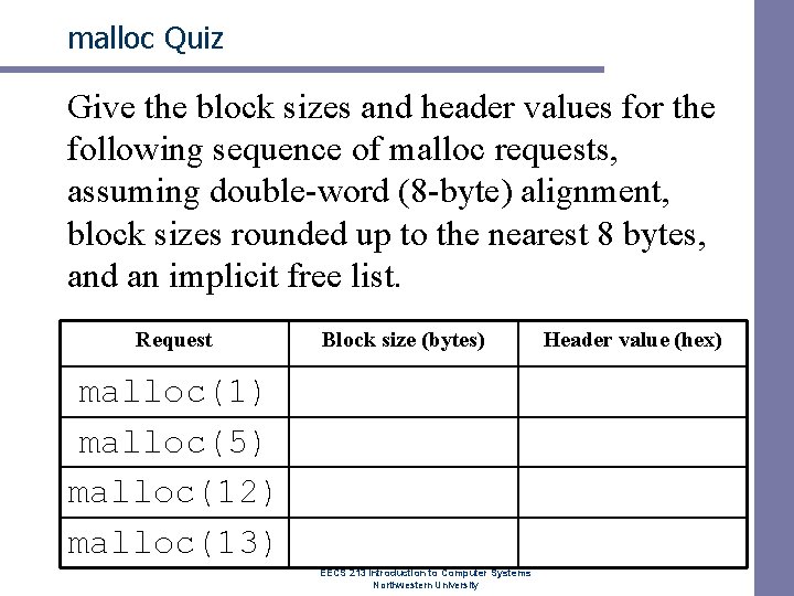 malloc Quiz Give the block sizes and header values for the following sequence of