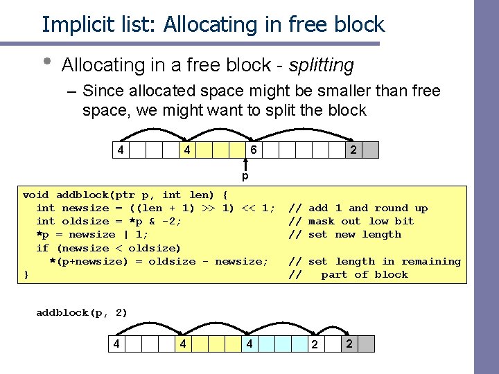 Implicit list: Allocating in free block • Allocating in a free block - splitting