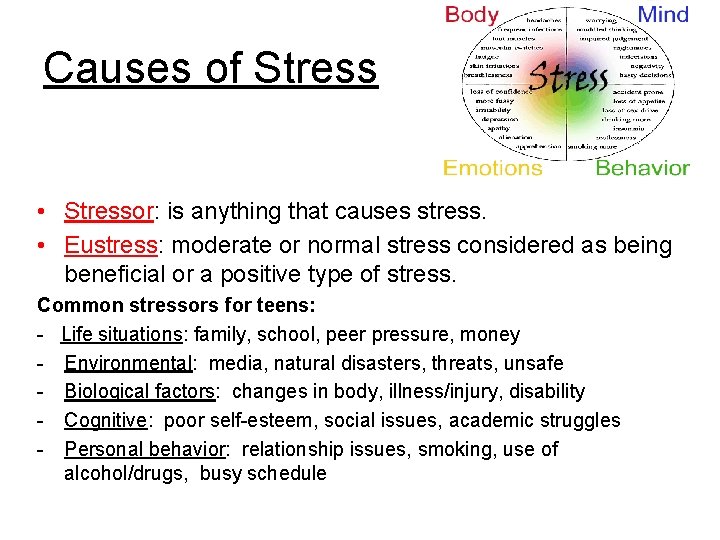 Causes of Stress • Stressor: is anything that causes stress. • Eustress: moderate or