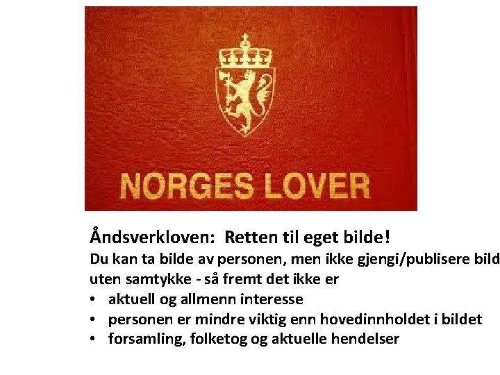 Åndsverkloven: Retten til eget bilde! Du kan ta bilde av personen, men ikke gjengi/publisere