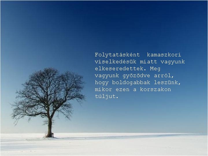 Folytatásként kamaszkori viselkedésük miatt vagyunk elkeseredettek. Meg vagyunk gyõzõdve arról, hogy boldogabbak leszünk, mikor