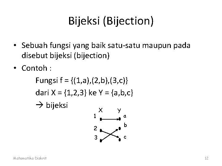 Bijeksi (Bijection) • Sebuah fungsi yang baik satu-satu maupun pada disebut bijeksi (bijection) •
