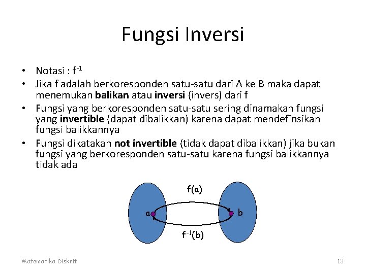 Fungsi Inversi • Notasi : f-1 • Jika f adalah berkoresponden satu-satu dari A