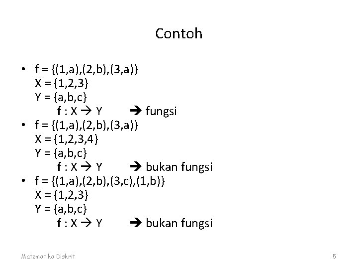 Contoh • f = {(1, a), (2, b), (3, a)} X = {1, 2,