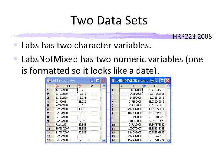 Two Data Sets HRP 223 2008 § Labs has two character variables. § Labs.