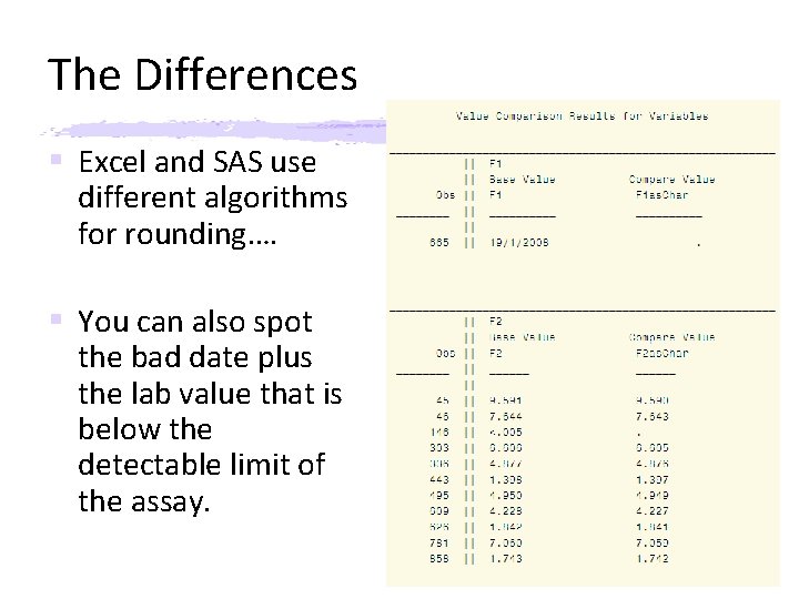 The Differences § Excel and SAS use different algorithms for rounding…. § You can