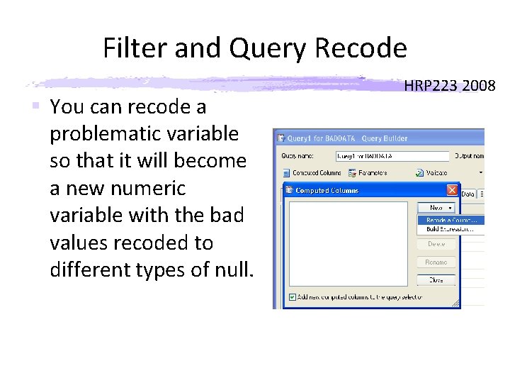 Filter and Query Recode § You can recode a problematic variable so that it