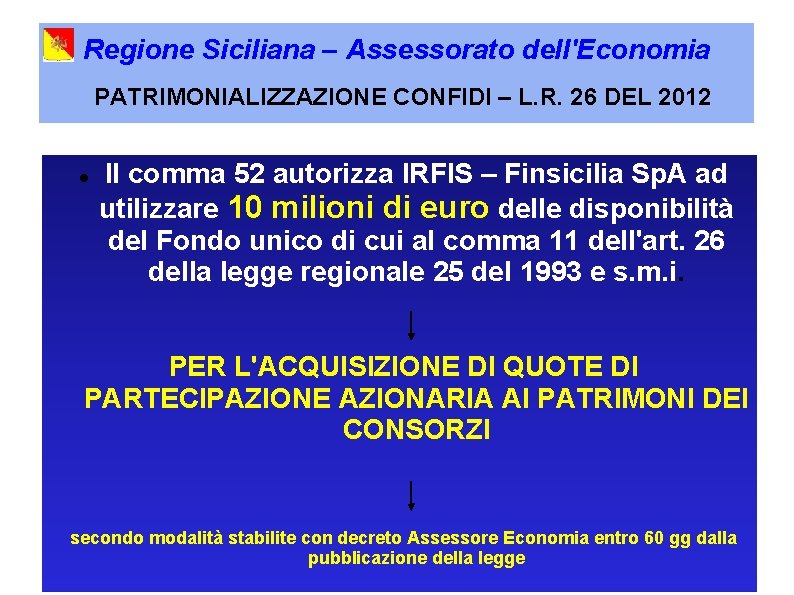 Regione Siciliana – Assessorato dell'Economia PATRIMONIALIZZAZIONE CONFIDI – L. R. 26 DEL 2012 Il