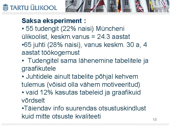 Saksa eksperiment : • 55 tudengit (22% naisi) Müncheni ülikoolist, keskm. vanus = 24.