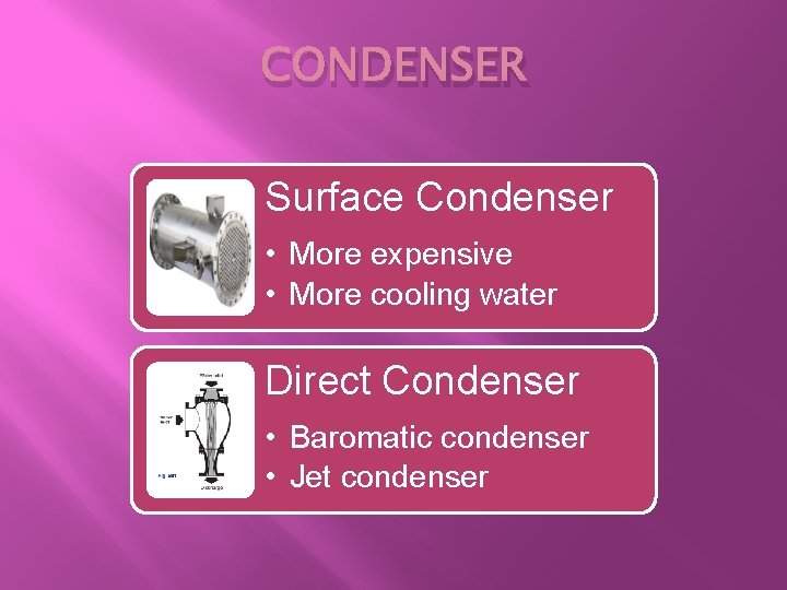 CONDENSER Surface Condenser • More expensive • More cooling water Direct Condenser • Baromatic