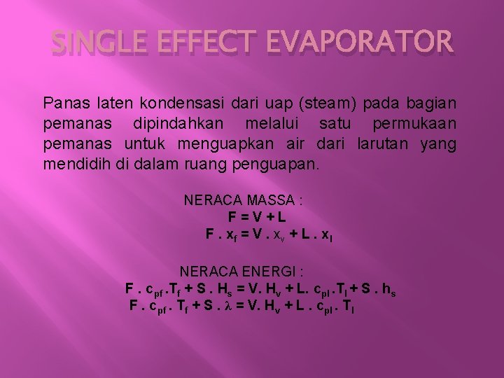 SINGLE EFFECT EVAPORATOR Panas laten kondensasi dari uap (steam) pada bagian pemanas dipindahkan melalui