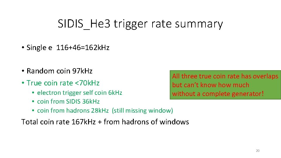 SIDIS_He 3 trigger rate summary • Single e 116+46=162 k. Hz • Random coin