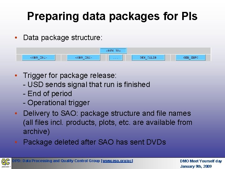 Preparing data packages for PIs • Data package structure: • Trigger for package release: Preparing data packages for PIs • Data package structure: • Trigger for package release: