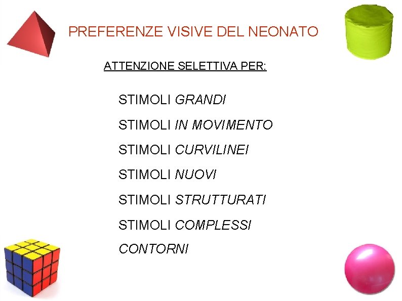 PREFERENZE VISIVE DEL NEONATO ATTENZIONE SELETTIVA PER: STIMOLI GRANDI STIMOLI IN MOVIMENTO STIMOLI CURVILINEI