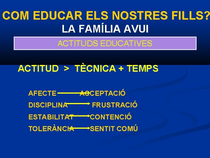 COM EDUCAR ELS NOSTRES FILLS? LA FAMÍLIA AVUI ACTITUDS EDUCATIVES ACTITUD > TÈCNICA +